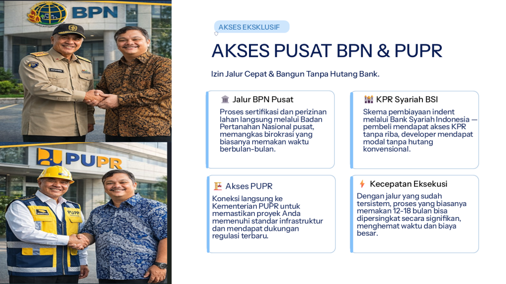 Akses BPN Pusat & KPR Indent BSI Dapatkan akses eksklusif perizinan BPN Pusat dan skema bangun tanpa hutang bank melalui layanan KPR Indent BSI