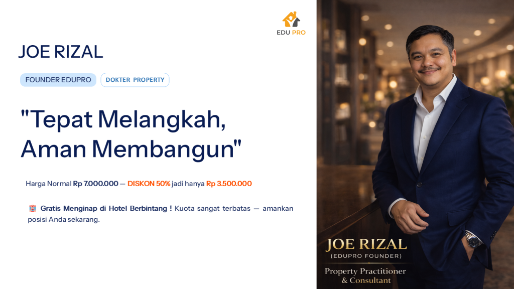 Joe Rizal – Founder EDUPRO Konsultasi dan Masterclass Developer Properti bersama Joe Rizal. Penawaran khusus Ramadhan: Rp 3.500.000 inklusif menginap di hotel berbintang.