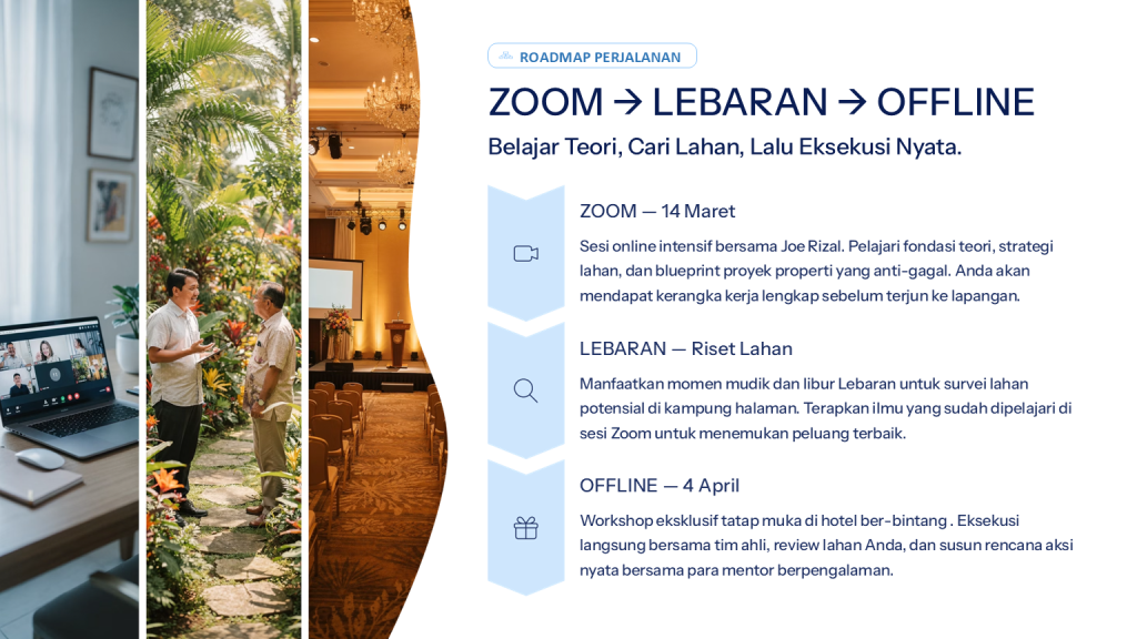 Roadmap Belajar & Eksekusi 2026 Alur progresif dari pembekalan via Zoom, riset lahan saat mudik Lebaran, hingga Workshop Offline di Jakarta pada 4 April 2026