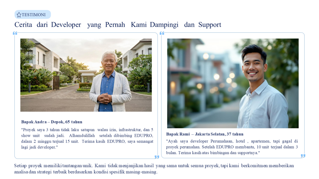Testimoni Sukses Alumni EDUPRO Bukti nyata efektivitas sistem kami: Proyek mangkrak 3 tahun berhasil terjual 15 unit hanya dalam waktu 2 minggu setelah intervensi strategi.